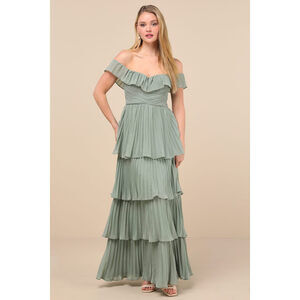 Lulus Always Remarkable Sage Brush Pleated Off-the-shoulder Maxi Dress Green